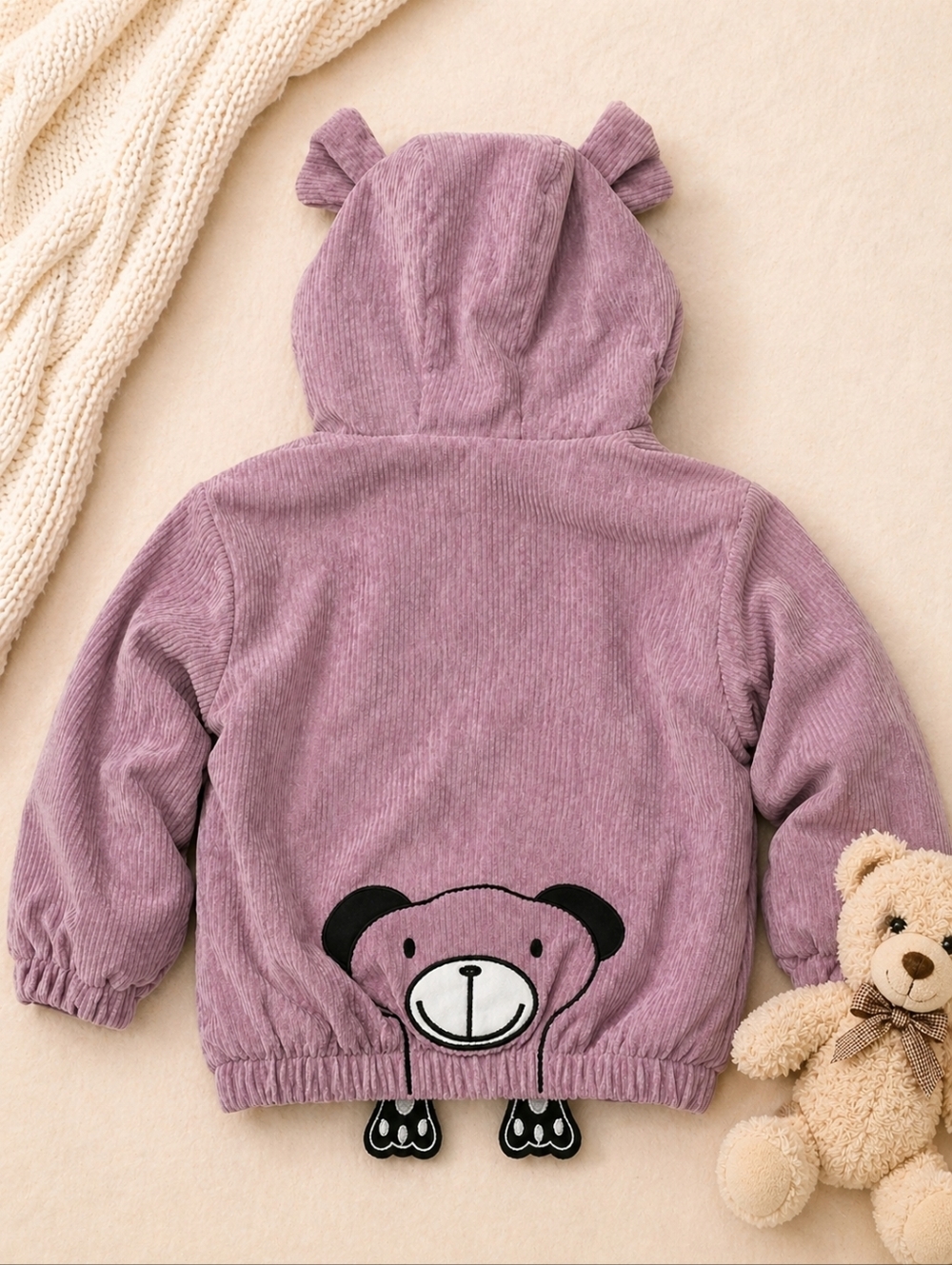 Kawaii Bear Corduroy Jacket Girls Size 4T 110 Purple Fleece Cute Winter Light